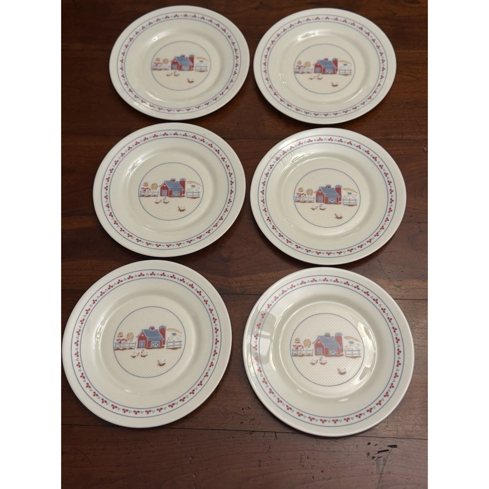 Vintage Arcopal France Farm House Scene 7.5" Salad Dessert Plates Set of 6 Glass